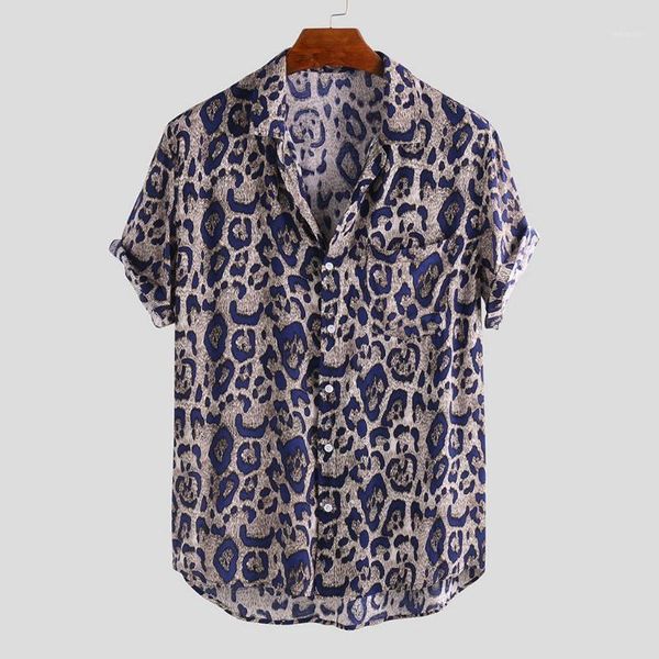 mens leopard printed chest pocket shirt turn collar short sleeve casual loose shirt summer loose buttons male blouse #g301, White;black 
mens leopard printed chest pocket shirt turn collar short sleeve casual loose shirt summer loose buttons male blouse #g301, White;black
