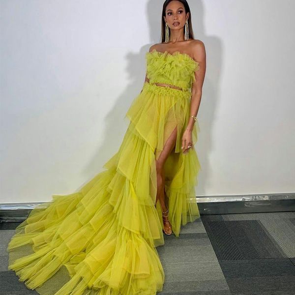 tiered ruffles green tulle prom dresses strapless illusion two pieces evening party gowns side split formal wear, Black
tiered ruffles green tulle prom dresses strapless illusion two pieces evening party gowns side split formal wear, Black