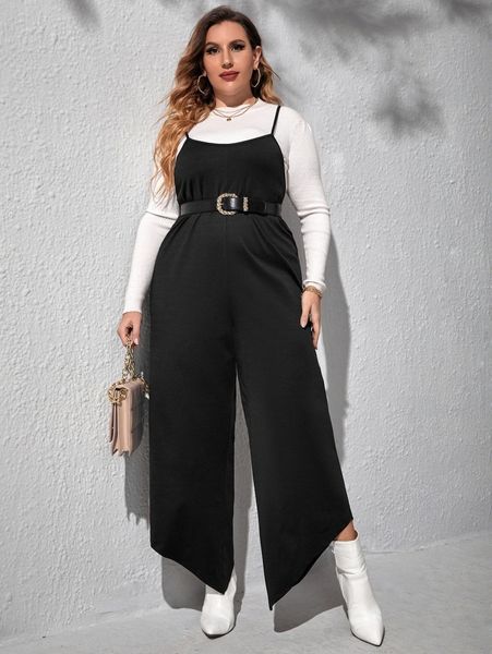 plus asymmetrical hem cami jumpsuit without belt 51va#, Black