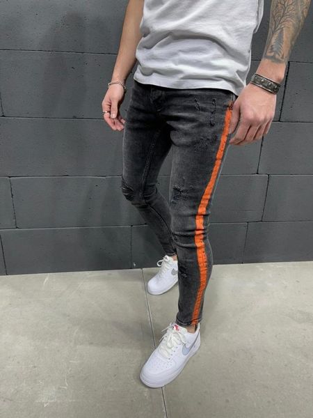 premium red striped men's jeans dark gray, Blue