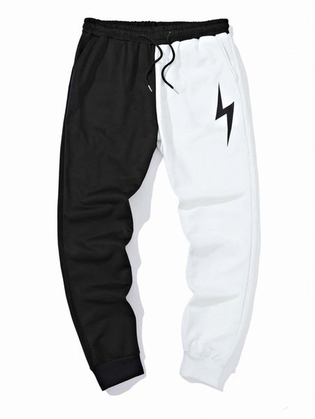 romwe guys two tone lightning graphic drawstring sweatpants i9iz#, Black