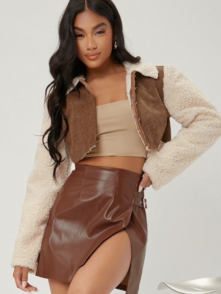teddy panel crop corduroy jacket n2jk#, Black;brown