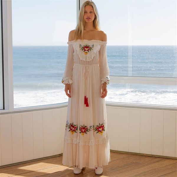 boho floral embroidered white maxi dress autumn women tassel lace patched ruffle trim belted long dress 2020 vintage sundresses y200805, Black;pink 
boho floral embroidered white maxi dress autumn women tassel lace patched ruffle trim belted long dress 2020 vintage sundresses y200805, Black;pink