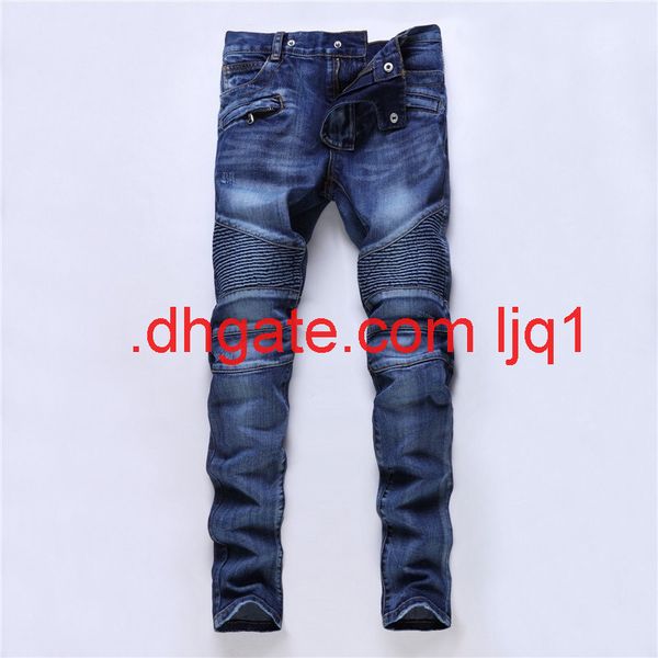 new men's pleated motorcycle slim fit small straight wear stretch jeans men's, Blue 
new men's pleated motorcycle slim fit small straight wear stretch jeans men's, Blue