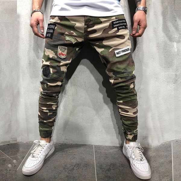 new men's jeans badge decoration slim tight elastic ankle camouflage pants, Blue 
new men's jeans badge decoration slim tight elastic ankle camouflage pants, Blue