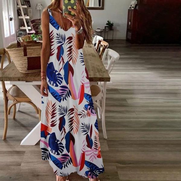 casual dresses summer women sling floral long boho v-neck sleeveless beach print maxi dress lady sundress, Black;gray 
casual dresses summer women sling floral long boho v-neck sleeveless beach print maxi dress lady sundress, Black;gray