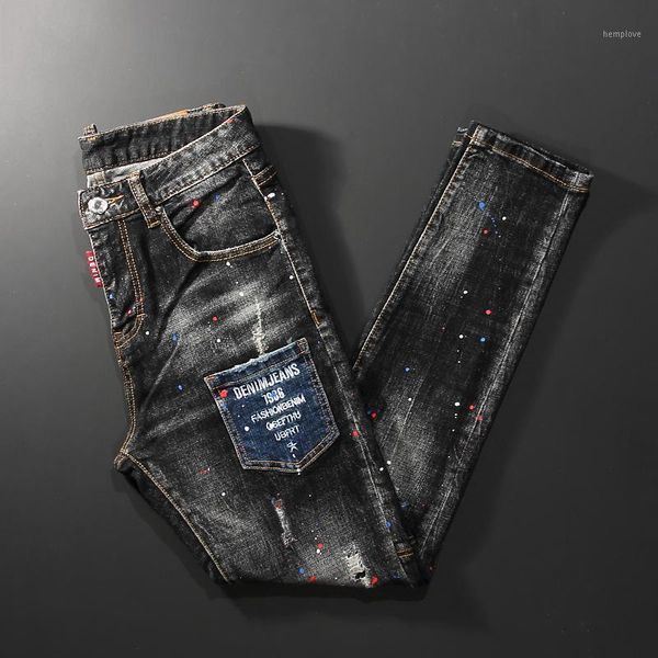 fashion streetwear men jeans retro black gray painting designer ripped jeans patch pocket slim fit elastic hip hop pencil pants1, Blue
fashion streetwear men jeans retro black gray painting designer ripped jeans patch pocket slim fit elastic hip hop pencil pants1, Blue