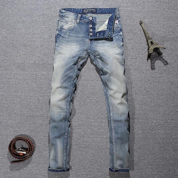 men's jeans italian style fashion men light blue white wash ripped buttons pants slim fit elastic classical designer
men's jeans italian style fashion men light blue white wash ripped buttons pants slim fit elastic classical designer