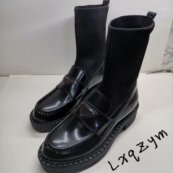 brand sock boots for women genuine leather penny loafers elastic tube triangle metal decoration thick platform slip on shoes1, Black
brand sock boots for women genuine leather penny loafers elastic tube triangle metal decoration thick platform slip on shoes1, Black