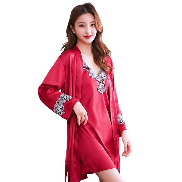 women's sleepwear silk pajamas nightdress two-piece leisure sleep nightgown robe nightwear bathrobe, Black;red
women's sleepwear silk pajamas nightdress two-piece leisure sleep nightgown robe nightwear bathrobe, Black;red