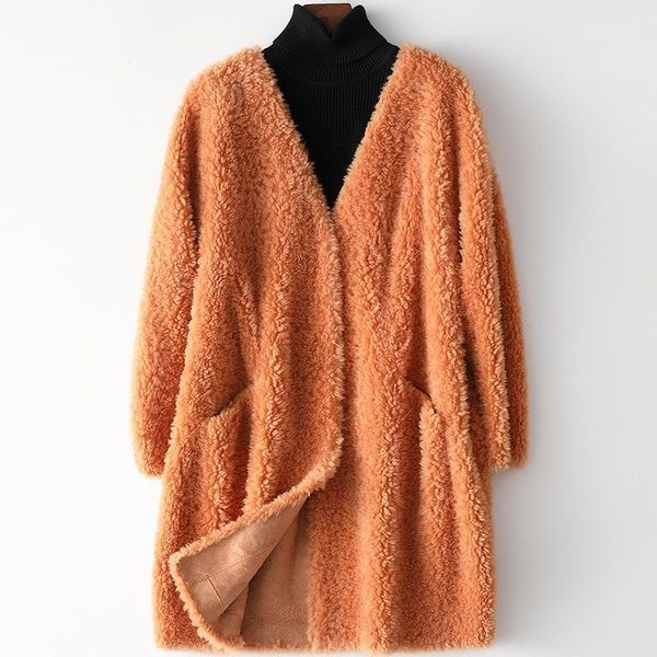 2020 fashion real sheep fur coats women winter 100% wool middle length warm v neck pockets orange office lady overcoats female1, Black
