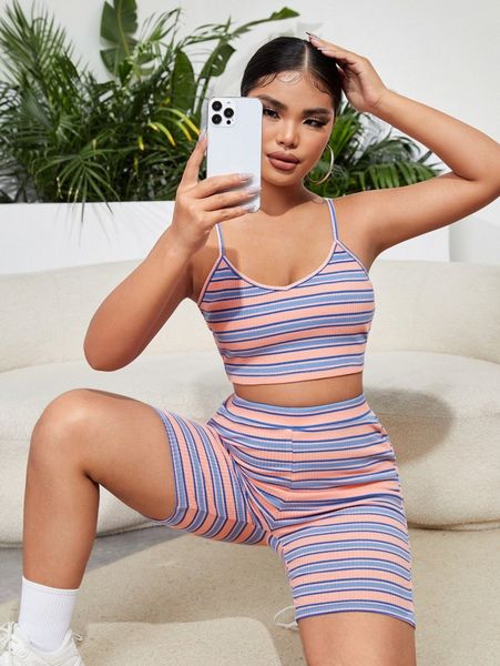 striped rib-knit crop cami & biker shorts set y4d0#, White
striped rib-knit crop cami & biker shorts set y4d0#, White