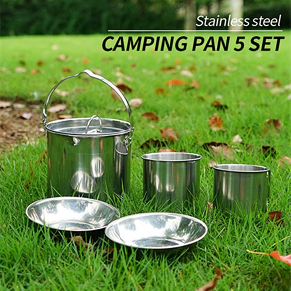 5 outdoor stainless steel kitchen utensils, boilers, boilers and bowls, camping utensils, hanging pot and water cup together
5 outdoor stainless steel kitchen utensils, boilers, boilers and bowls, camping utensils, hanging pot and water cup together