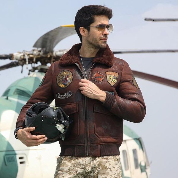 2020 dark brown men genuine natural pilot shearling plus size 4xl winter thick russian coat ing, Black