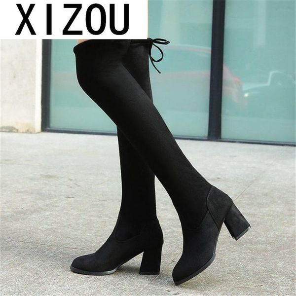 2020 new women's boots winter fashion women over the knee boots long for women lace-up warm high heel botas mujer, Black