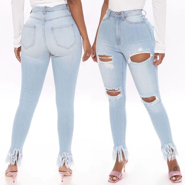 3y european and american foreign trade high-waisted elastic tight hole jeans female foot tassel new style, Blue
3y european and american foreign trade high-waisted elastic tight hole jeans female foot tassel new style, Blue