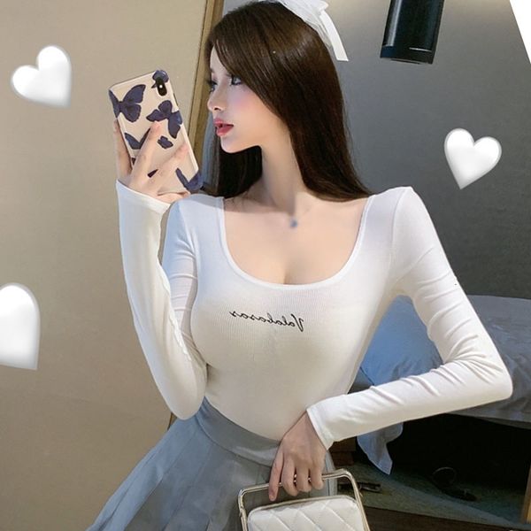 women's t-shirts fashion o-neck letter printed slim exposure navel long sleeved t-shirt, White
women's t-shirts fashion o-neck letter printed slim exposure navel long sleeved t-shirt, White