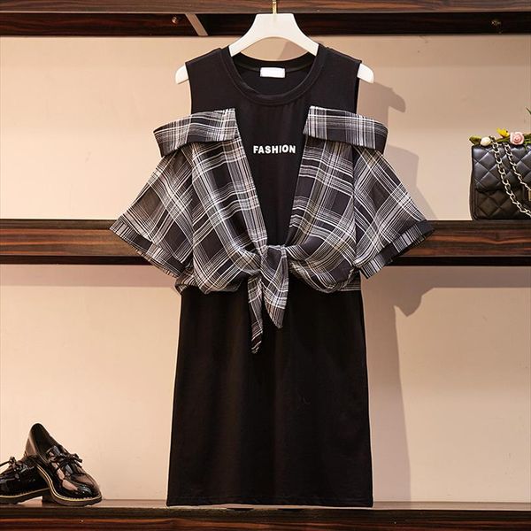 summer patchwork t shirt dress women korean off shoulder plaid dress streetwear plus size fake two piece beach dress, Black;gray
summer patchwork t shirt dress women korean off shoulder plaid dress streetwear plus size fake two piece beach dress, Black;gray