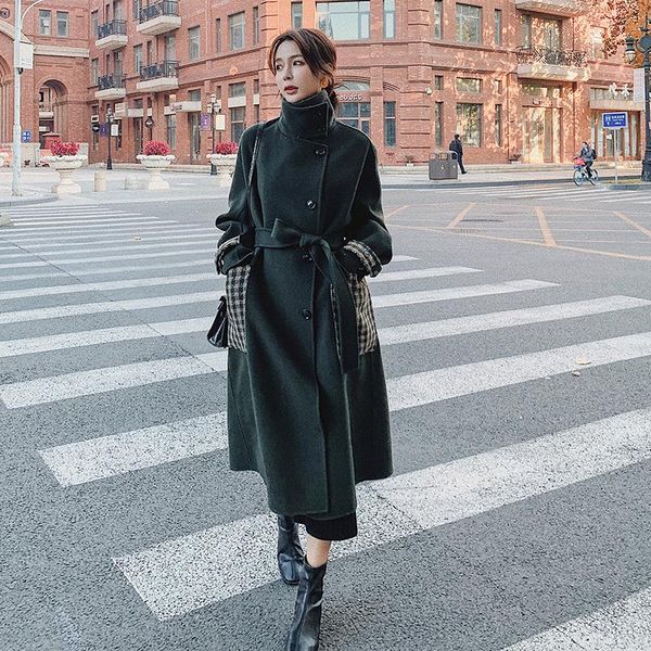 winter clothes women vintage elegant splice plaid long bandage woolen coat office lady korean loose casual windbreaker overcoat, Black
winter clothes women vintage elegant splice plaid long bandage woolen coat office lady korean loose casual windbreaker overcoat, Black