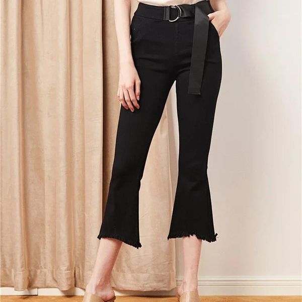 women's black casual pants sashes 2020 early autumn female flare trousers with pockets1, Black;white
women's black casual pants sashes 2020 early autumn female flare trousers with pockets1, Black;white