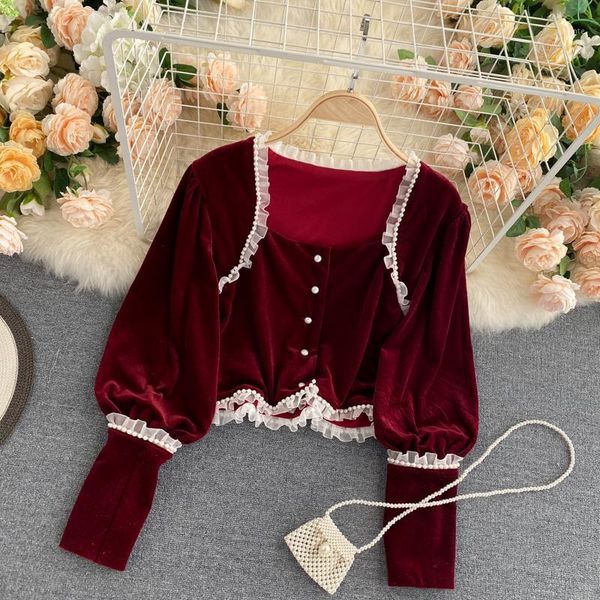 women sweet beading square collar puff sleeve velour blouse high fashion ruffles court style shirts1, White
women sweet beading square collar puff sleeve velour blouse high fashion ruffles court style shirts1, White