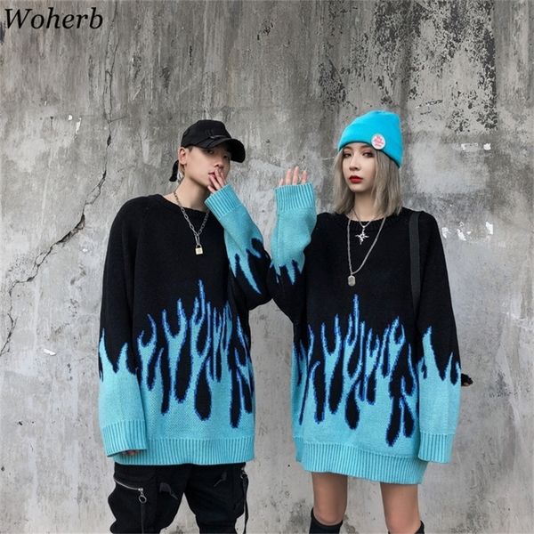 woherb autumn winter harajuku flame knitting casual women man pullovers hip hop high streetwear sweater jumper y200910, White;black
woherb autumn winter harajuku flame knitting casual women man pullovers hip hop high streetwear sweater jumper y200910, White;black