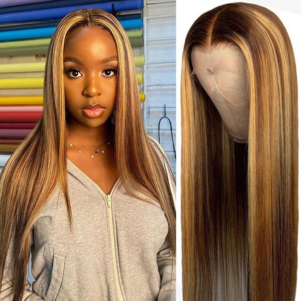 lace wigs #4/27 highlight human hair pre plucked glueless 13x4 front straight ombre frontal wig for black women, Black;brown