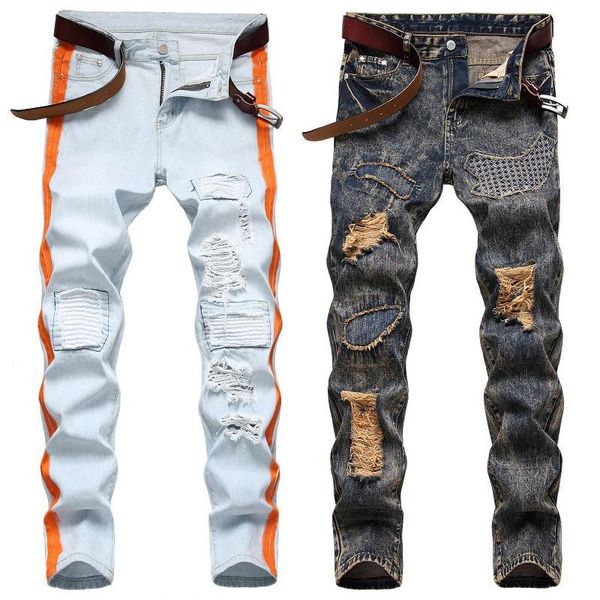 men ripped jeans slim fit pant denim pant frayed jeans long skinny men, Blue