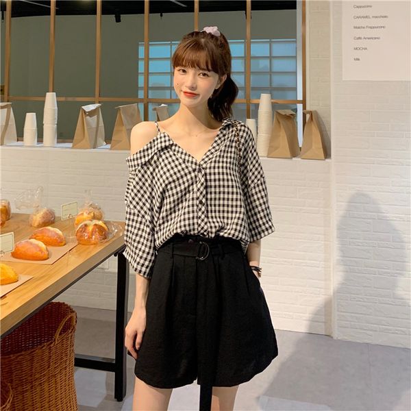 2021 new breathing mode will see strapless irregular design with v plaid short female shirt 96x4, White
2021 new breathing mode will see strapless irregular design with v plaid short female shirt 96x4, White