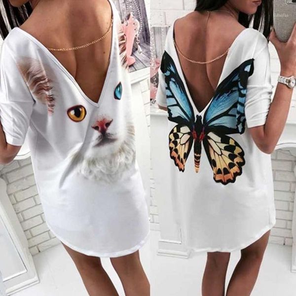 trendy women deep v backless casual short sleeves ladies fashion cartoon cat butterfly print t-shirt #7301, White 
trendy women deep v backless casual short sleeves ladies fashion cartoon cat butterfly print t-shirt #7301, White