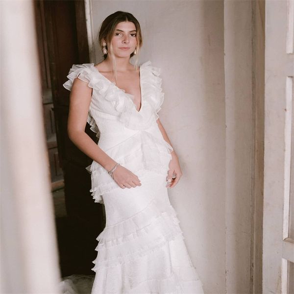 chic a line wedding dresses deep v neck sleeveless boho ruffles tulle vestidos de novia beach custom made sweep train bridal gown, White
chic a line wedding dresses deep v neck sleeveless boho ruffles tulle vestidos de novia beach custom made sweep train bridal gown, White