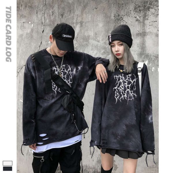 Autumn winter street fashion sweater for men and women lovers dark thunder printing function hole tie dyeing bottomed coat, Black
Autumn winter street fashion sweater for men and women lovers dark thunder printing function hole tie dyeing bottomed coat, Black