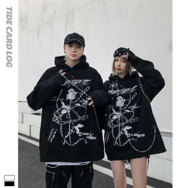 autumn and winter new dark tide brand printed pullover hooded sweater loose lazy long sleeve functional wind plush top, Black 
autumn and winter new dark tide brand printed pullover hooded sweater loose lazy long sleeve functional wind plush top, Black