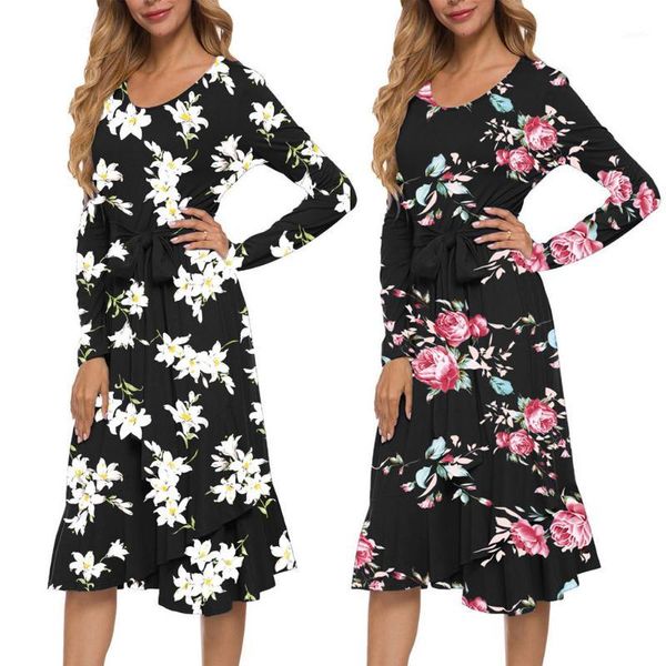 fashion women o-neck long sleeve floral print dress modest long dress with belt simple evening party dresses#g301, Black;gray
fashion women o-neck long sleeve floral print dress modest long dress with belt simple evening party dresses#g301, Black;gray
