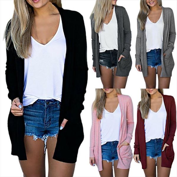 casual women front open cardigan sweater long sleeve with pockets loose cover femm autumn knitted outerwear sweater warm outwear, White;black 
casual women front open cardigan sweater long sleeve with pockets loose cover femm autumn knitted outerwear sweater warm outwear, White;black