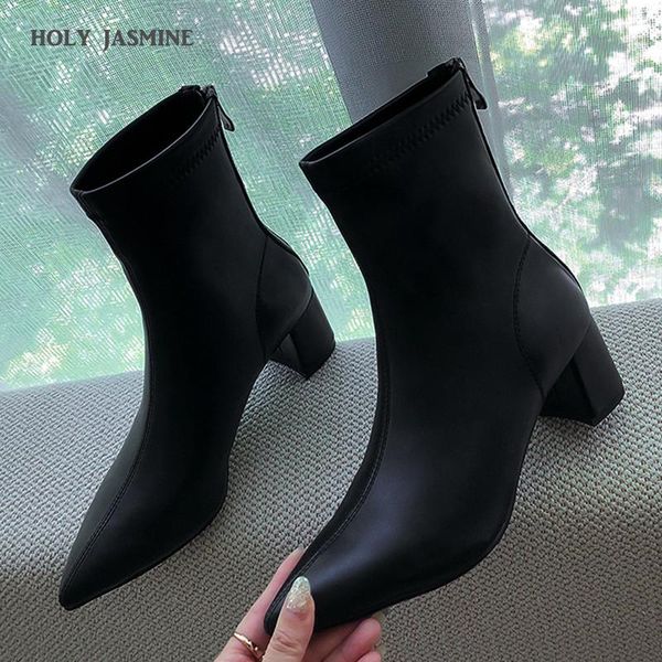 boots genuine leather women spring/autumn stretch fabric zip elastic pointed toe square heel shoes high (5cm-8cm), Black
boots genuine leather women spring/autumn stretch fabric zip elastic pointed toe square heel shoes high (5cm-8cm), Black