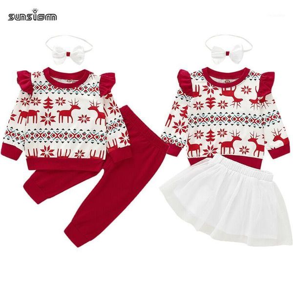 clothing sets 3pcs xmas outfits baby girl clothes ruffles long sleeve printing + pant/skirt +headband suits christmas costume 1-5y1, White 
clothing sets 3pcs xmas outfits baby girl clothes ruffles long sleeve printing + pant/skirt +headband suits christmas costume 1-5y1, White