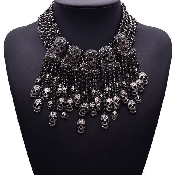 bk new tribal punk necklace skull tassels pendant bib choker choker chunky short chain metal alloy exaggerated jewelry unique, Golden;silver