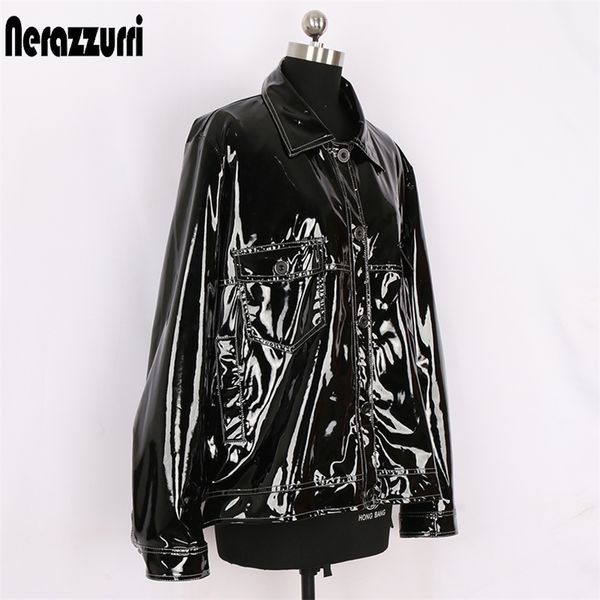 nerazzurri black loose patent leather jacket with many pockets long sleeve buttons plus size faux leather jackets women lj201127
nerazzurri black loose patent leather jacket with many pockets long sleeve buttons plus size faux leather jackets women lj201127