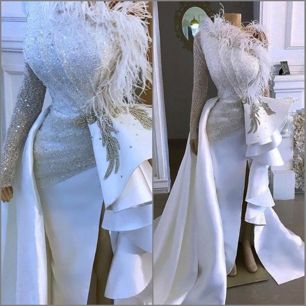 2021 arabic aso ebi sparkly evening dress one shoulder crystals feather prom dresses sheath formal party gowns, White;black
2021 arabic aso ebi sparkly evening dress one shoulder crystals feather prom dresses sheath formal party gowns, White;black