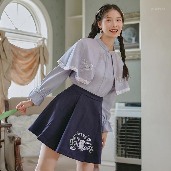 women's tracksuits 2 piece sets autumn girl embroidery suede cape shirt + woolen skirt retro student suit fashion cute women's set, Gray
women's tracksuits 2 piece sets autumn girl embroidery suede cape shirt + woolen skirt retro student suit fashion cute women's set, Gray