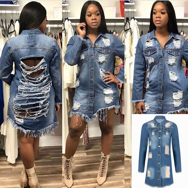 2019 new shirt in the hole long tear denim jacket, White;black