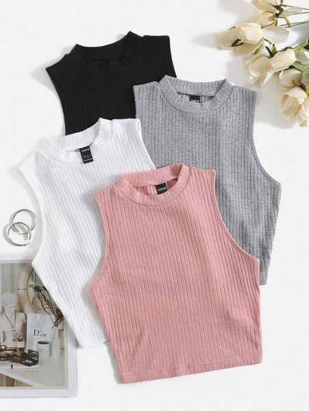4pcs mock neck rib knit tank k0v6#, White