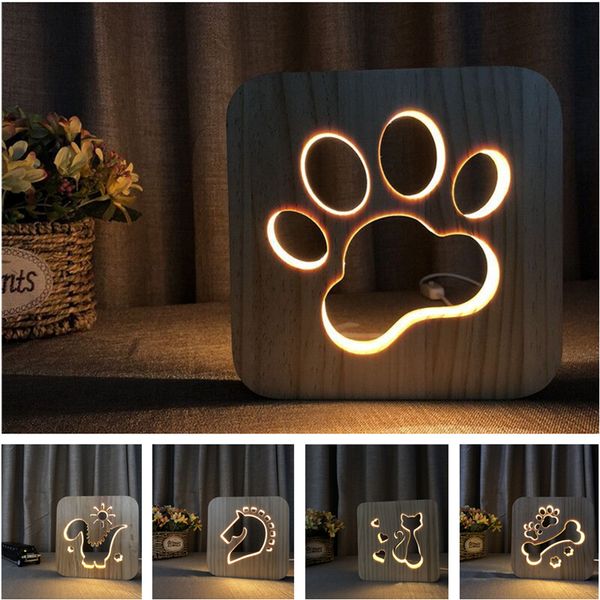 led wooden dog cat paw night light usb desk lamp 3d decor lamp table light home bedroom decor kids gift