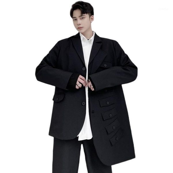 male streetwear vintage suit jacket men asymmetry multi-pocket cover casual loose suit blazers coat stage clothing1, White;black 
male streetwear vintage suit jacket men asymmetry multi-pocket cover casual loose suit blazers coat stage clothing1, White;black
