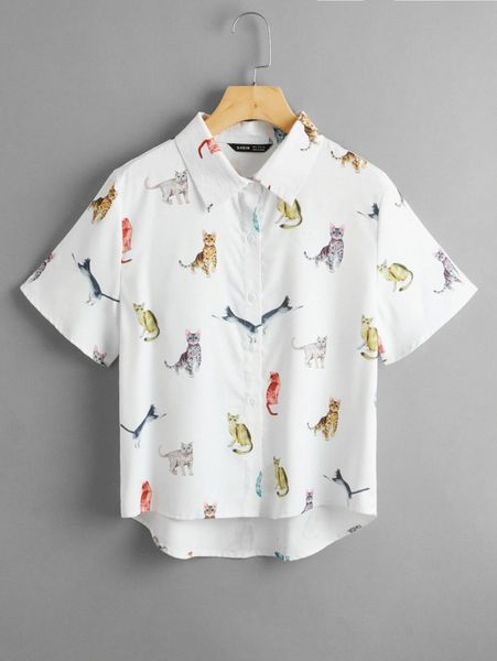 cat print high low hem button through blouse q61w#, White
