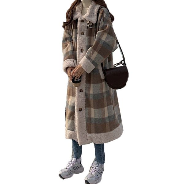 women's plaid coat long lamb wool splicing quilted blended woolen winter coats plus size keep warm casual jacket outwear female, Black
women's plaid coat long lamb wool splicing quilted blended woolen winter coats plus size keep warm casual jacket outwear female, Black
