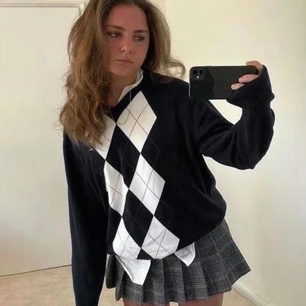 vintage geometric print knit sweater women 2020 autumn winter long sleeve pullover simple loose streetwear cotton sweaters, White;black
vintage geometric print knit sweater women 2020 autumn winter long sleeve pullover simple loose streetwear cotton sweaters, White;black