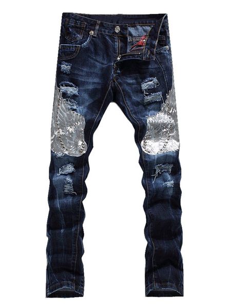 new men's fashion eagle wing embroidered denim pants male casual hole ripped jeans slim straight trousers, Blue
new men's fashion eagle wing embroidered denim pants male casual hole ripped jeans slim straight trousers, Blue