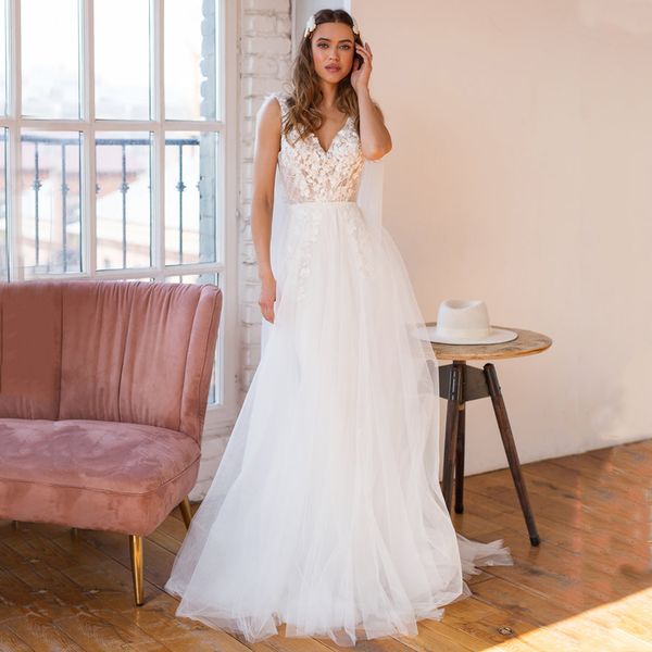 new arrival appliques lace v-neck sleeveless backless tulle a line wedding dresses 2021 boho bridal gown vestido de noiva, White
new arrival appliques lace v-neck sleeveless backless tulle a line wedding dresses 2021 boho bridal gown vestido de noiva, White